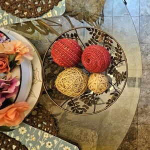 Elegant Metal Leaf Bowl with Red and Tan Accents